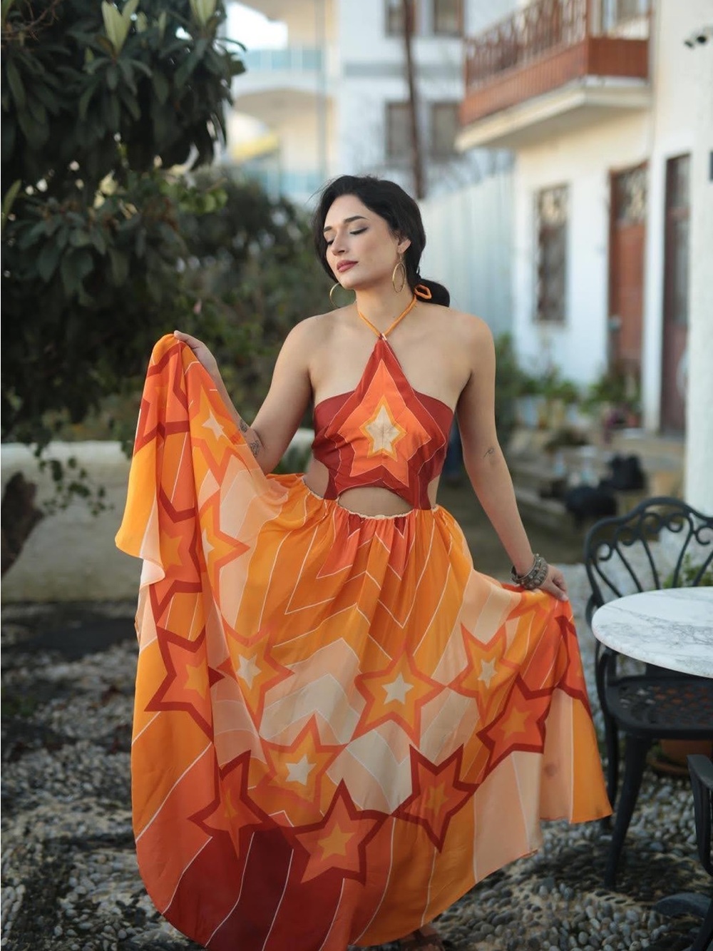 NWOT FARM Rio Orange and Yellow Star-Print Halter Maxi Dress - Picture 8 of 15